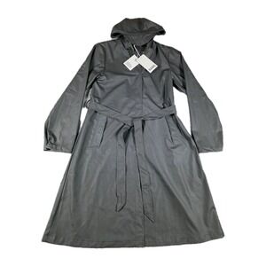 RAINS Women's Sz S Longer A-Line Hooded Raincoat Essential Pockets Black